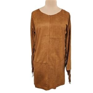Love Riche Brown Faux Suede Fringe Long Sleeve Dress Size M Western Boho Indie
